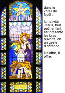 Nativité, vitrail de Jean Coquet, chapelle des auxiliaires du Sacerdoce, Paray le Monial
