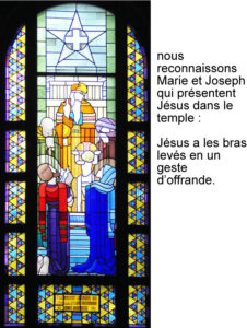 Présentation de Jésus au Temple, vitrail de Jean Coquet, chapelle des auxiliaires du Sacerdoce, Paray le Monial